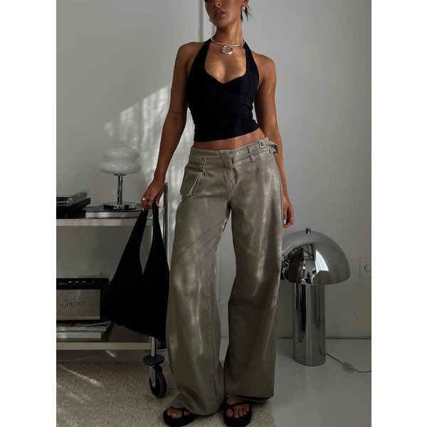 Women's Clothing Personality Street Adjustable Buckle Waist Side Pocket Details Loose Trousers