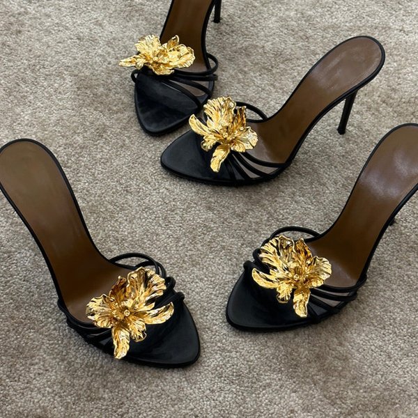 Spring/Summer Ultra High Heel Sandals - Metallic Flower Stiletto Open-Toe Mules For Women, Elegant & Sexy-image