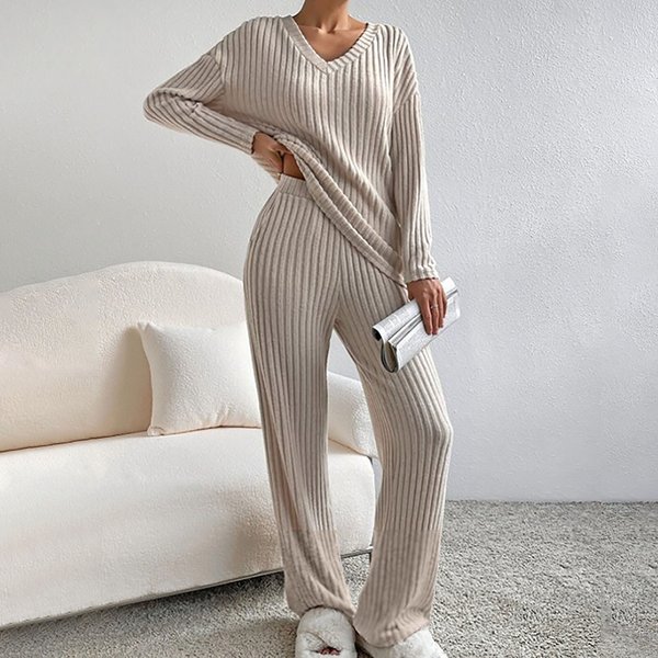Women's Clothing Knit Two-Piece Set Casual Comfortable Straight Pants V-Neck Ribbed Top Autumn Outfit-image