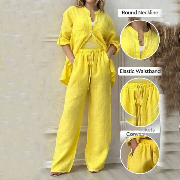 Women's Clothing Casual Cotton And Linen Solid Color Shirt Drawstring Wide Leg Pants Suit