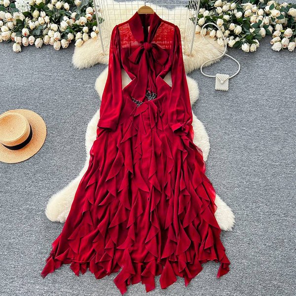 Women's Clothing French-Inspired Bow-Tie Waist Wrap Dress With Flounce Hem – Elegant Long Sleeve Ruffle Neck Dress For Women ( Sizes M-XXXL)-image