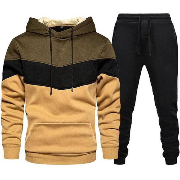 Men's Clothing stitching sweater hoodie trousers suit plus velvet warm sweatshirt pullover suit