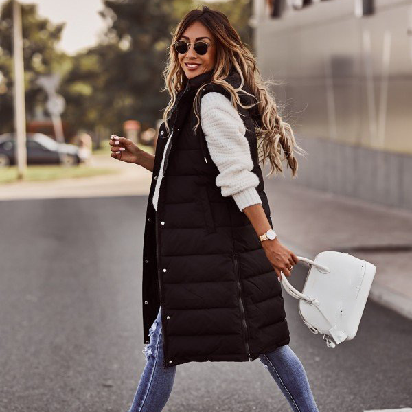 Women's Hooded Single-Breasted Mid-Length Vest And Cotton Jacket-image