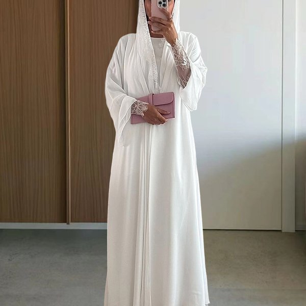 Women's Clothing Elegant Dubai-Inspired Lace Long Sleeve Dress Set – Modest Abaya With Matching Scarf (White, S-XL, Chiffon & Polyester Blend)