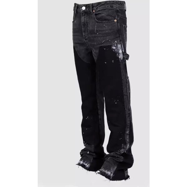 Men's Workwear Pants, Fashionable Ins Workwear, Elastic Patch Denim Layered Flared Pants-image