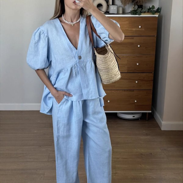 Women’S Clothing Spring And Summer New Sweet Solid Color Suit Pure Cotton V Neck Top Bubble Short Sleeved Trousers 2 Piece Set-image