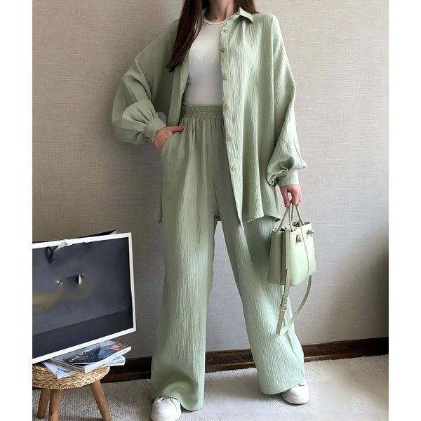 Women's Two-Piece Suit Long Sleeve Lapel Shirt Button Top Elastic Waist Trousers Suit Casual-image