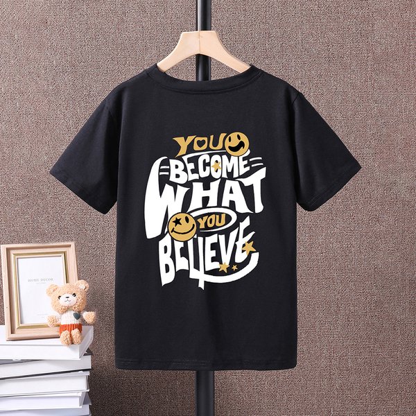 Mother&Kids Youth T-Shirt Smiley Face Back Letter-Printed Short-Sleeved T-Shirt Boys Casual Children's Wear-image