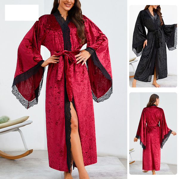 Women's clothing long bathrobe sexy lace light luxury long-sleeved velvet nightgown bathrobe home clothes