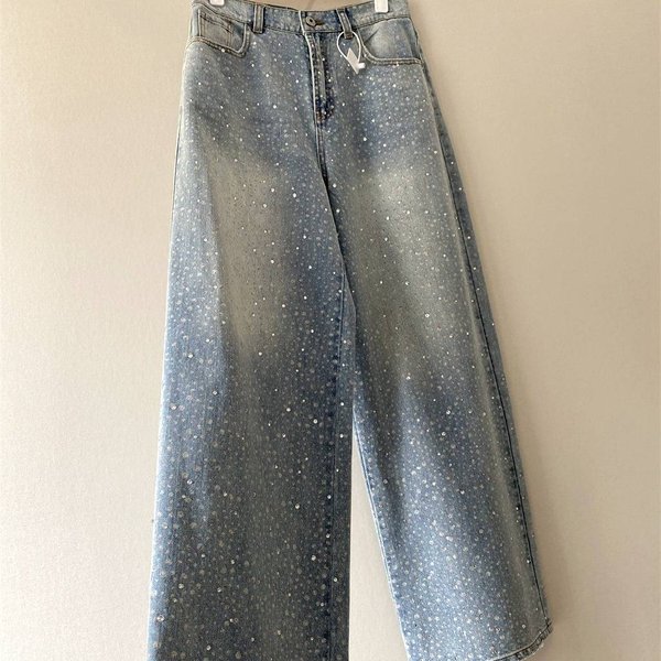 Distressed Embellished Jeans - Vintage-Inspired Wide-Leg Denim With Rhinestone Details, Low-Rise Fit For Women