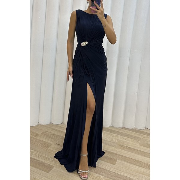pleated slit casual dress INS sleeveless fashion dress evening dress for women
