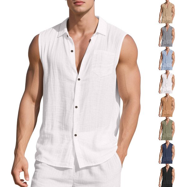 Men's Summer New Loose Linen Simple Casual Sleeveless Cardigan Beach Shirt-image