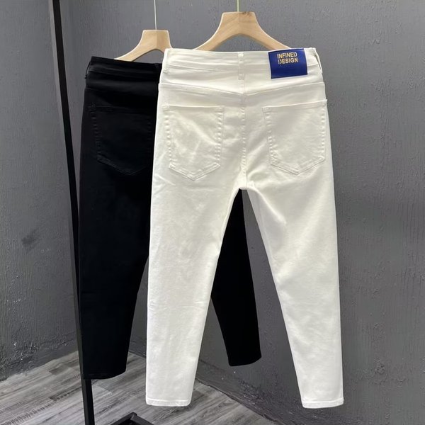 Men's Clothing Fashion Brand White And Black Handsome Jeans Men's Slim Fit Skinny Nine Point Boys' Pants Trousers Casual Pants Spring-image