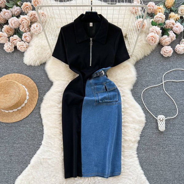 Women's Clothing Design Sense Contrast Color Stitching Slim Fit Medium And Long Short Sleeve Temperament Dress-image