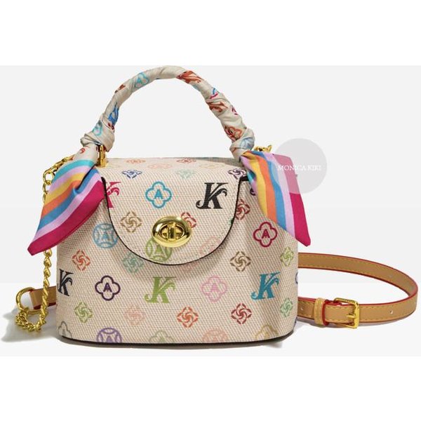 Women's Retro Print Silk Scarf Chain Handbag Tricolor Shoulder Crossbody Bag