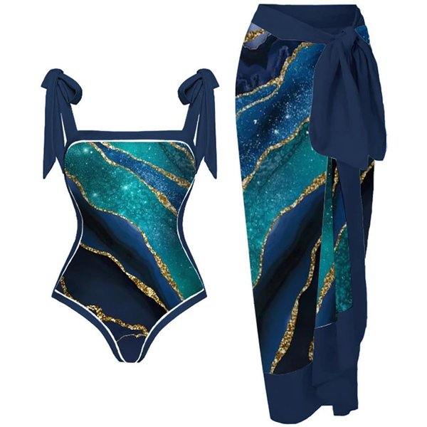 Women's Conservative One Piece Swimwear Chiffon Cover Up Hot Spring Set
