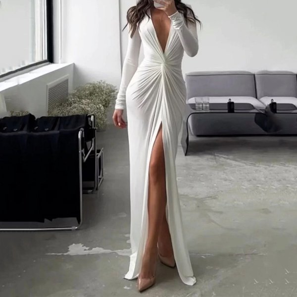 Elegant V-Neck Long Sleeve Dress With High Slit – Slim Fit Pleated Midi Dress For Women