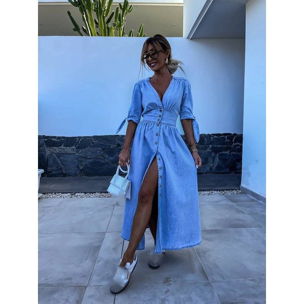 Women's Clothing Sexy V-Neck Long Button Denim Dress-image
