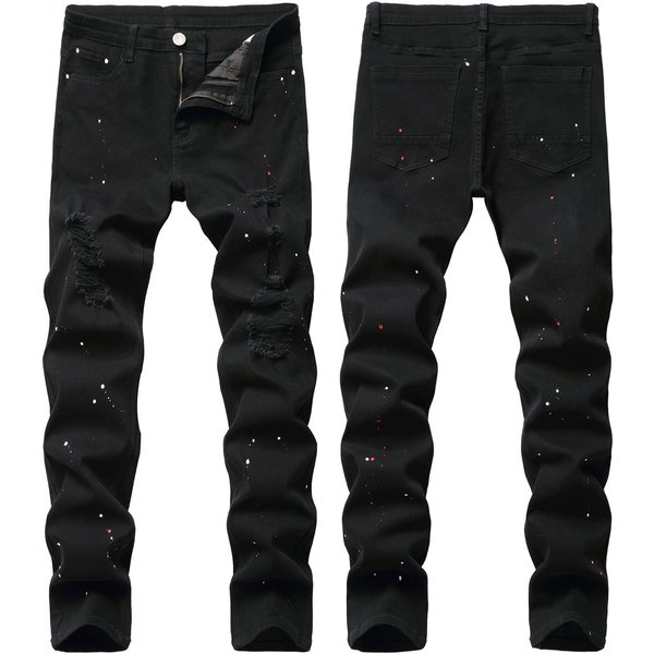 Men's Slim Fit Stretch Jeans – Black Distressed Denim Pants With Button Fly & Mid-Rise Waist (36-38, Cotton Blend, Streetwear Style)-image