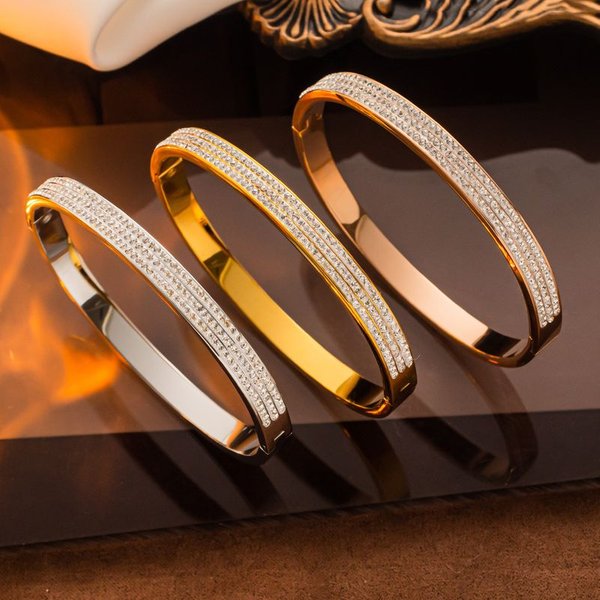 Designer's Titanium Steel Plated Rose Gold Three Row Dia For Micro Set Zircon Temperament Women's Handband Bracelet-image