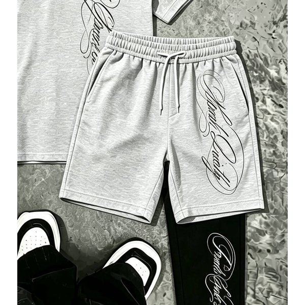 Men's Casual Street Style Lapel Short Sleeve With Letter Trendy Letter-print Street Style Elastic Waistband Shorts
