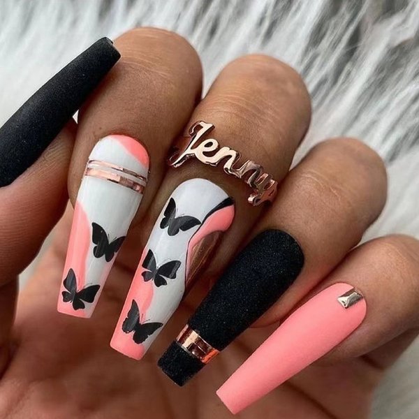 False Nails Long Ballet Frosted Black Butterfly Nail Art Sweet Cool Textured Nail Finished Wearable Nail-image