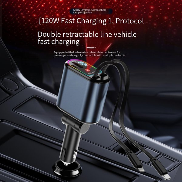 Car Chargers New C9 Starry Sky Top Fast Charging 120W Comes With Retractable Cable Car Charger One To Four Multi Function Digital Display Car Charger-image
