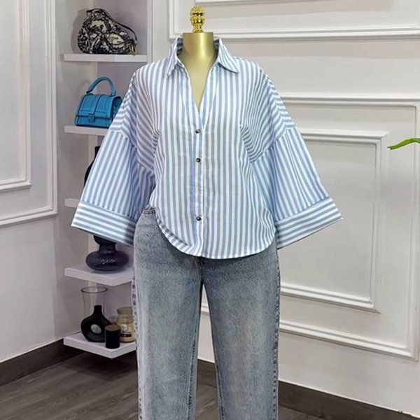Women’S Fashion Striped Shirt – Oversized Lapel Design Short Sleeve Blouse For Summer-image