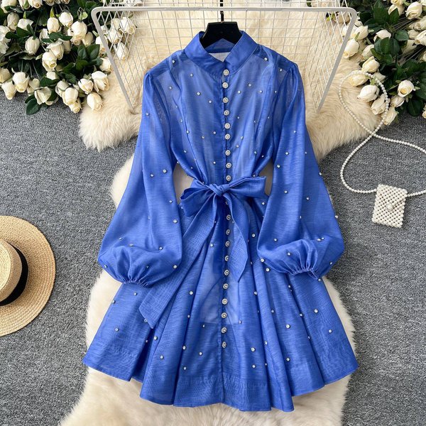 Women's Clothing Style Heavy Diamond Lantern Sleeve Tie Waist Single Breasted Dress Female Celebrity Elegant-image