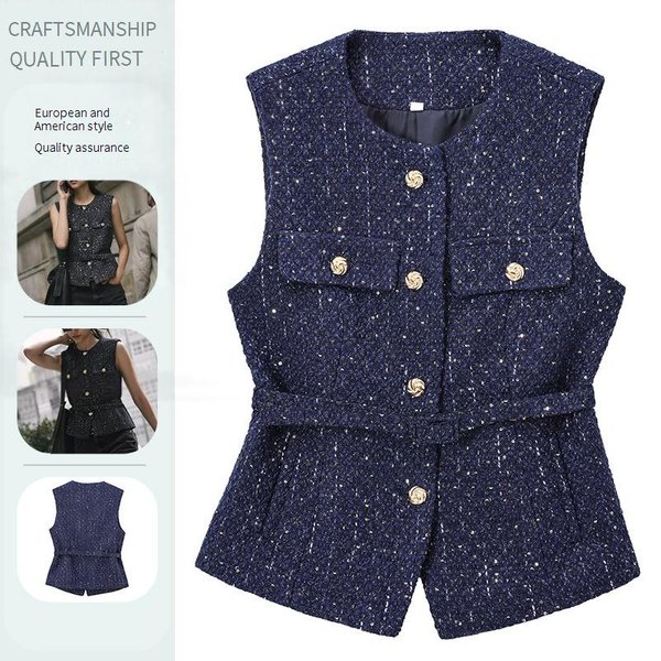 Women's Clothing New Spring And Autumn Women's Clothing Design With Belt Sequins Texture Vest Jacket-image