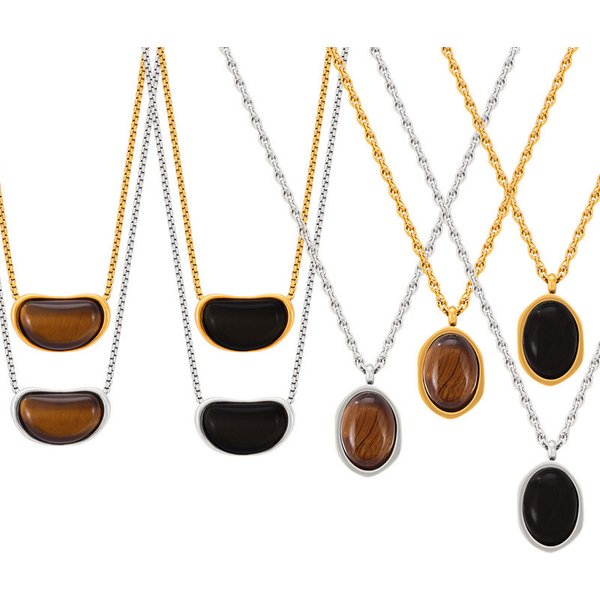Maillard Style Geometric Inlaid Tiger Eye Stone Design Pendant Necklace Temperament Light Luxury Personality Versatile Titanium Steel Jewelry-image