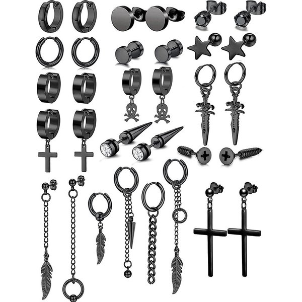 New Zircon Earrings Stainless Steel Stud Earrings Cross Dumbbell Silver Black Mixed Suit Earrings-image