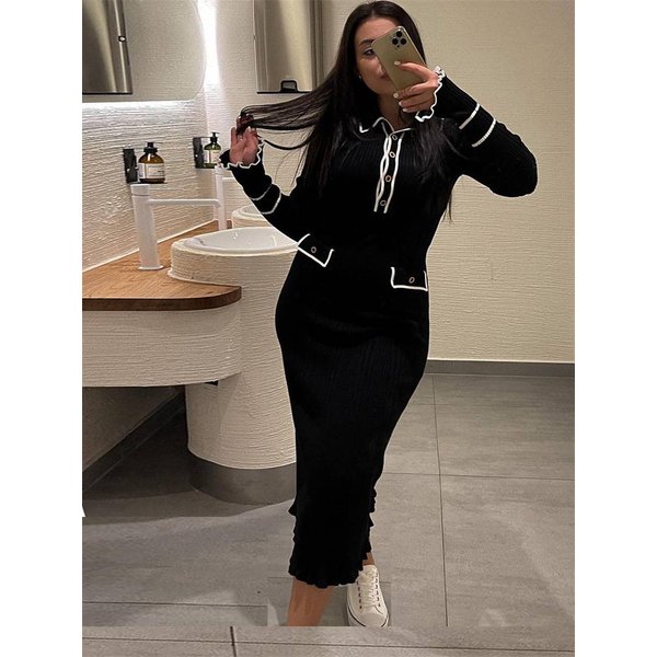 Women's Clothing Light Luxury Ruffled Knitted Dress Sweater Dress Lapel Tight Midi Skirt