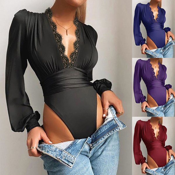 Women's Clothing Solid Color Deep V-Neck Lace Slim Jumpsuit Female-image