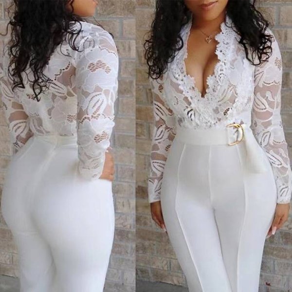 Women's Clothing New Sexy Deep V Perspective Lace Splicing Jumpsuit Trousers Women With Belt-image