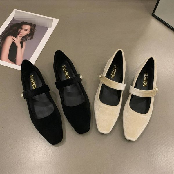 Women's Vintage Suede Mary Jane Shoes With Skirt Ballet Flats-image