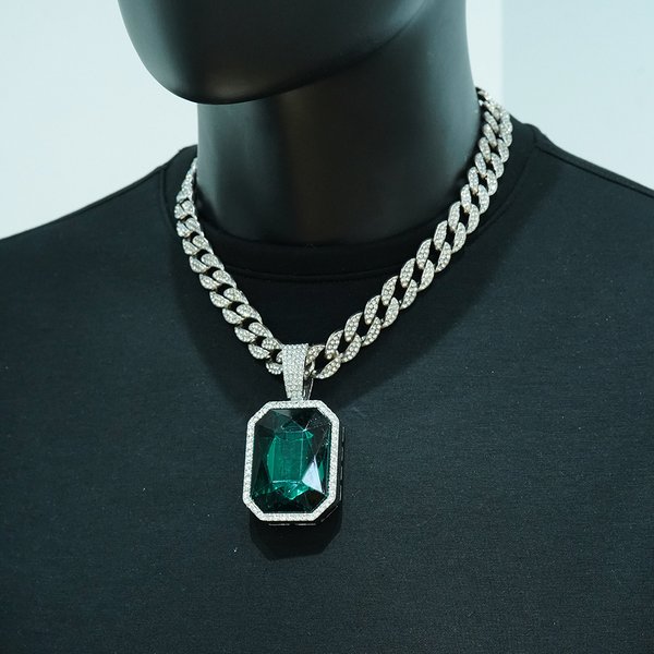 Unisex Jewelry Fashion Square Colored Gemstone Necklace Pendant Men Hip Hop Full Diamond Cuban Chain Necklace Men And Women