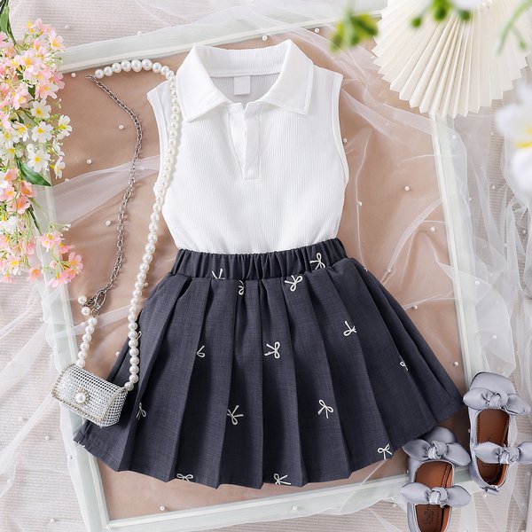 Kids’ Clothing Children's Suit Summer Korean Version Girls Lapel Sleeveless Vest Printed Bow Pleated Skirt Two Piece Suit-image