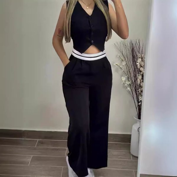 Women's Clothing Hot Girl Outerwear Vest Contrast Color High Waist Wide Leg Trousers Casual Suit-image