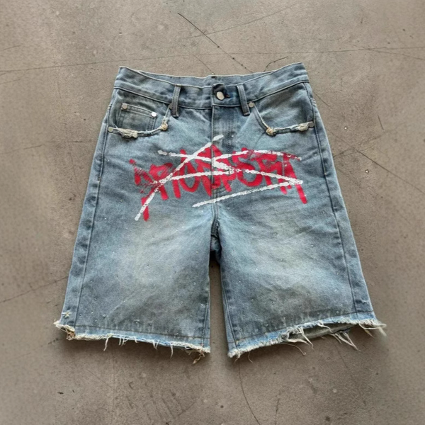 Men's Vintage Washed Denim Shorts - Loose Fit Casual Streetwear With Retro Pattern - Summer Comfort Stretch Short Pants For Men (Black, Blue)-image