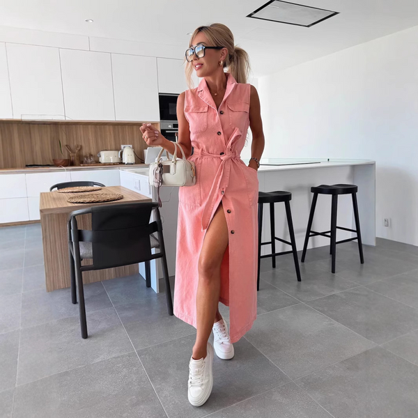 Women's Clothing New Sleeveless Long Lace Up Waist Single Breasted Denim Dress NZ88-image
