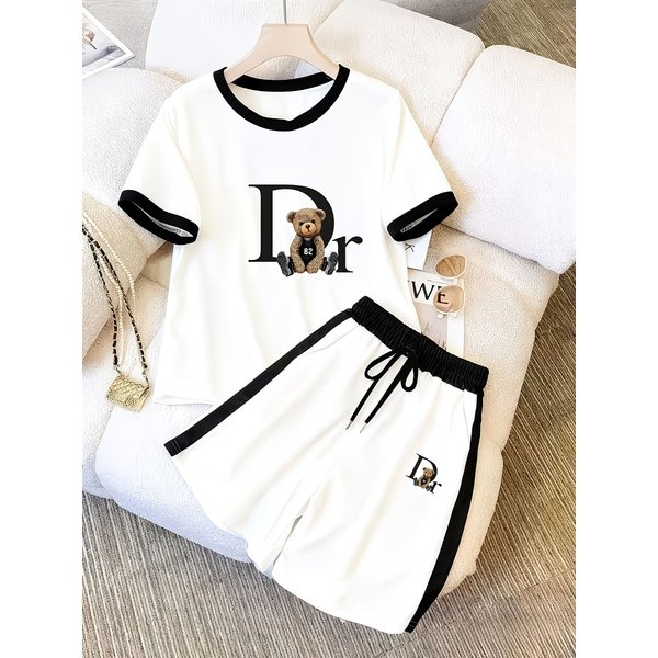Women's Printed Short-Sleeve Tee & Shorts Set - Korean-Inspired Slim Fit Outfit For Summer-22