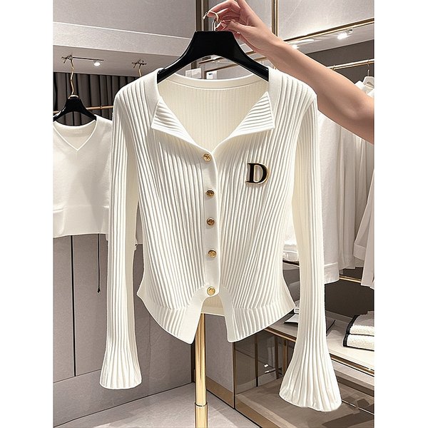 Women's Clothing White Trumpet Sleeve Knitted Cardigan For Women In Early Autumn New Slim Fit Bottoming Top