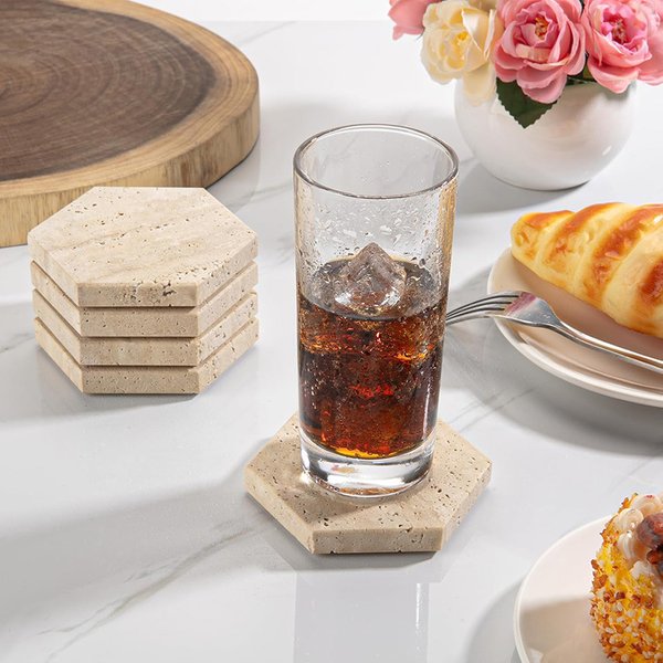 Natural Yellow Travertine Coaster Whiskey Coffee Insulation Pad Marble Coaster Ornaments-image