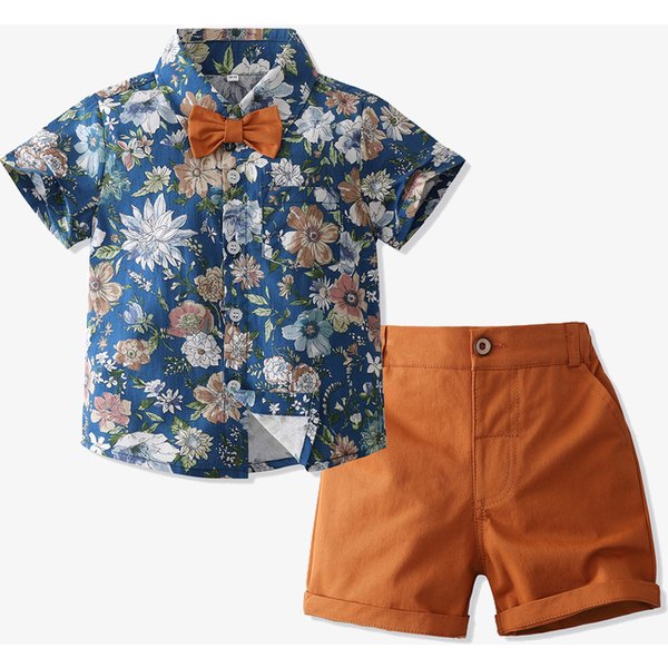 Mother & Kids Boys Summer Bow Tie Floral Shirt Suit 2024 New Children's Short-Sleeved Casual Children's Clothing Manufacturers In Stock-image