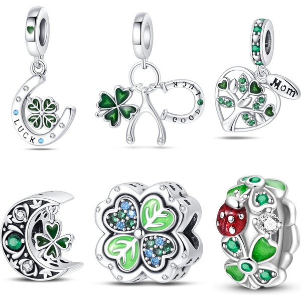 Women's Jewelry Green Horseshoe Tree Of Life Four Leaf Clover Pendant Beads DIY Jewelry Accessories Bracelet Copper Plated 925 Silver