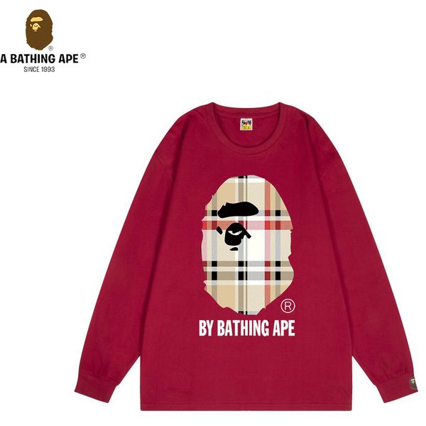 A Bathing APE BAPE-Pure Cotton Round-neck Long-sleeved Sweatshirt With A Printed Logo Featuring A Grid Striped Ape Head Pattern