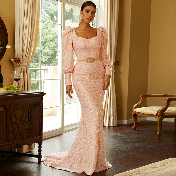 Women's Clothing Long-sleeved Temperament Sexy U-neck Sequins Long Toast Dress Evening Dress Bridesmaid Dress Female