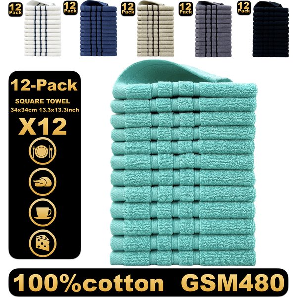 100% Cotton Face Towels – Ultra-Soft & Quick-Dry (0-5s), 12-Piece Set (34x34cm, 780g) – Solid Colors (White/Gray/Black/Beige/Blue/Green)