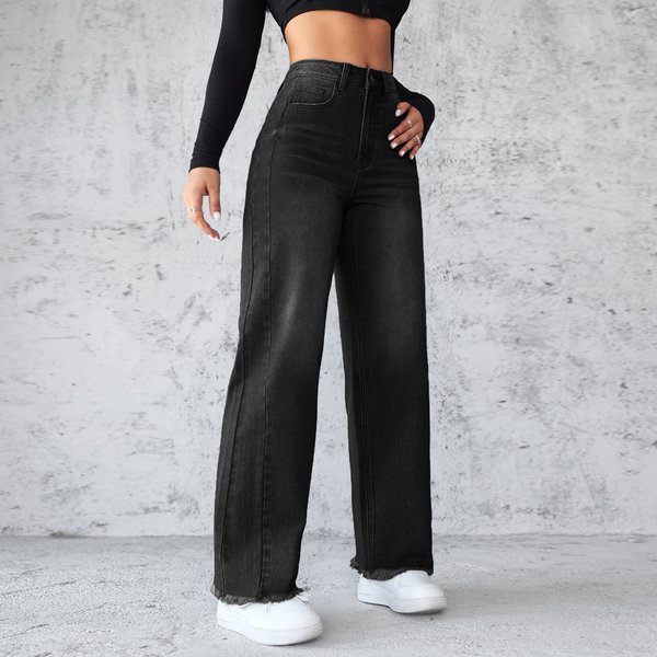 Women's Clothing Temperament Non elastic Straight Wide leg Jeans Women
